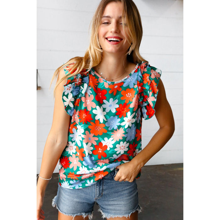 Follow Me Emerald Floral Print Double Ruffle Sleeve Top