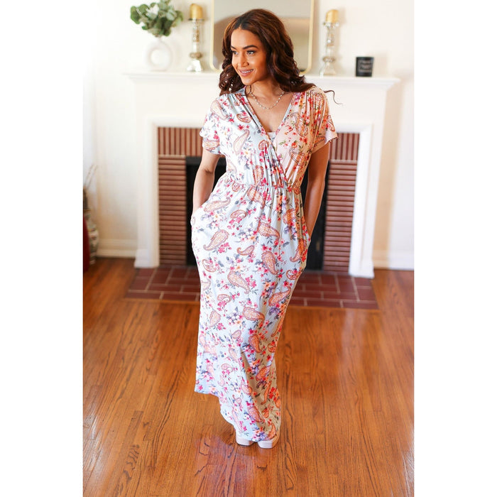 Mint Floral Paisley Surplice Elastic Waist Maxi Dress