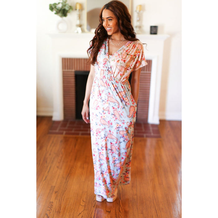 Mint Floral Paisley Surplice Elastic Waist Maxi Dress