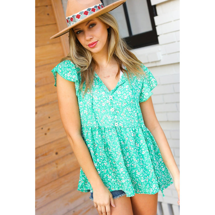 Green Floral Button Tie Neck Babydoll Top