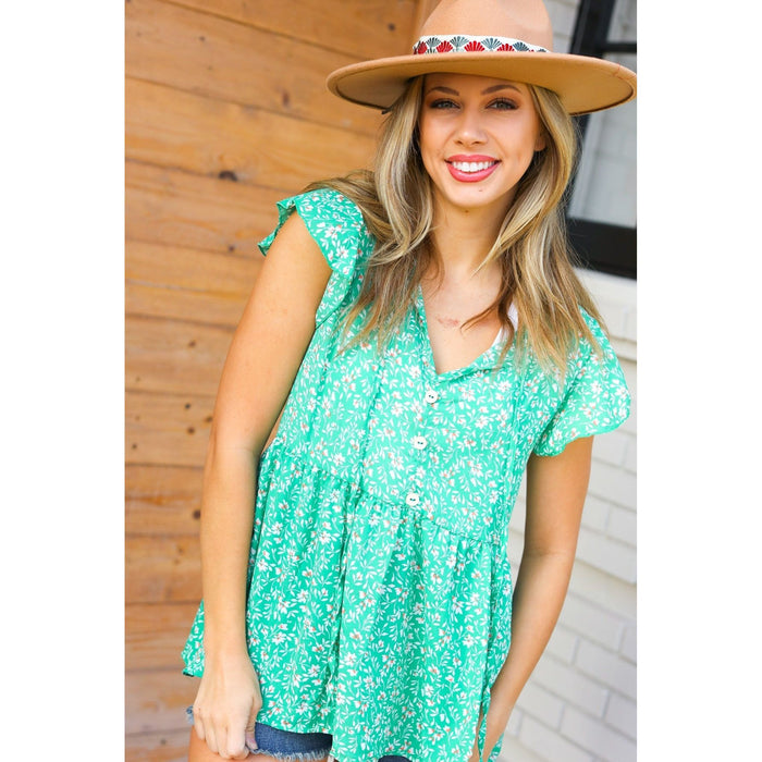 Green Floral Button Tie Neck Babydoll Top