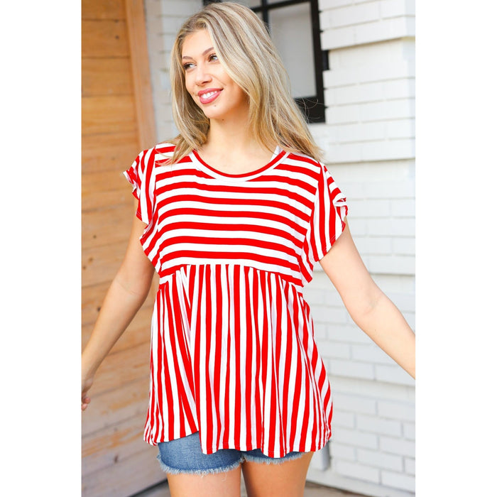 Red Stripe Babydoll Flutter Sleeve Top