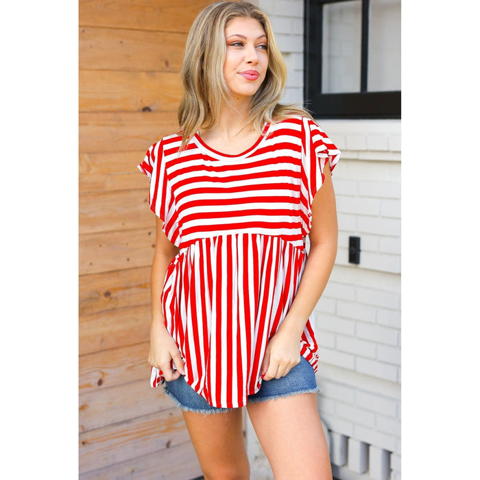 Red Stripe Babydoll Flutter Sleeve Top