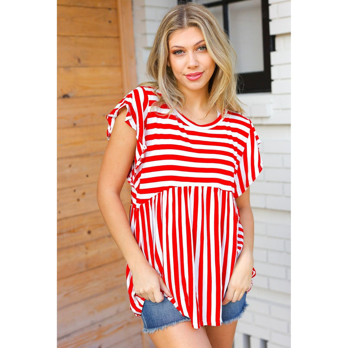 Red Stripe Babydoll Flutter Sleeve Top