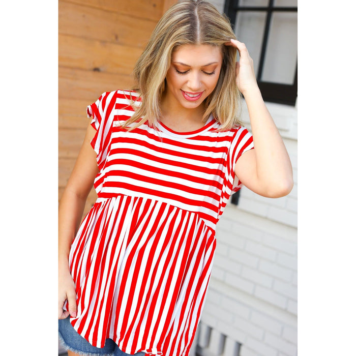 Red Stripe Babydoll Flutter Sleeve Top