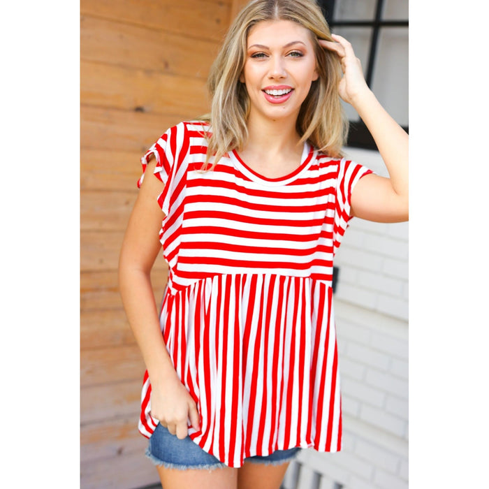 Red Stripe Babydoll Flutter Sleeve Top