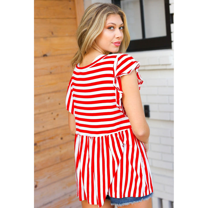 Red Stripe Babydoll Flutter Sleeve Top