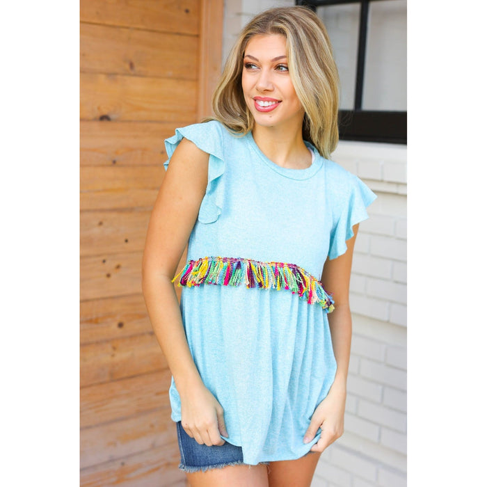 Sky Blue Two Tone Babydoll Fringe Tassel Top