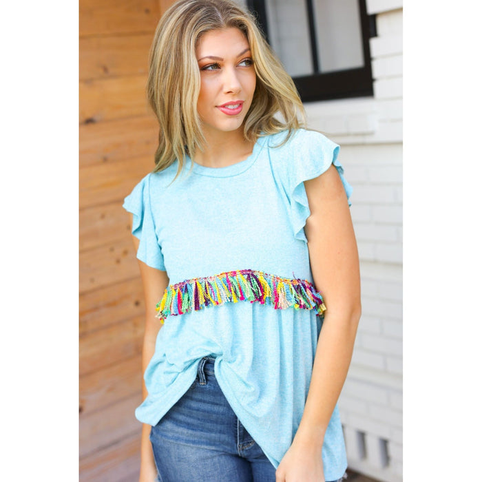 Sky Blue Two Tone Babydoll Fringe Tassel Top