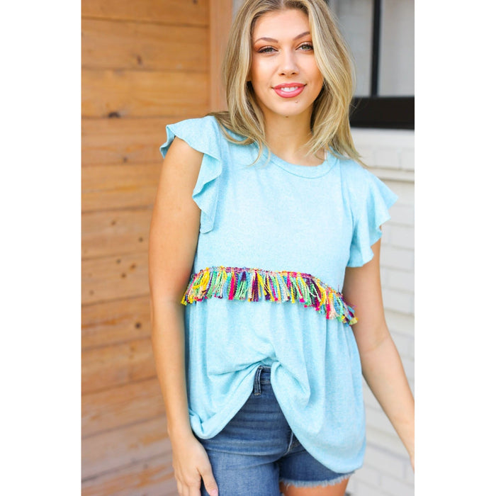 Sky Blue Two Tone Babydoll Fringe Tassel Top