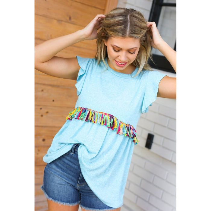 Sky Blue Two Tone Babydoll Fringe Tassel Top