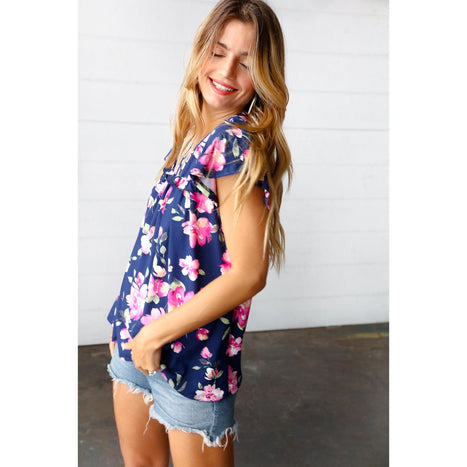 Navy & Pink Floral Print Frilled Short Sleeve Yoke Top