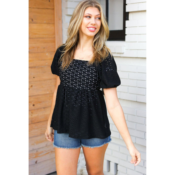 Midnight Eyelet Puff Sleeve Babydoll Top