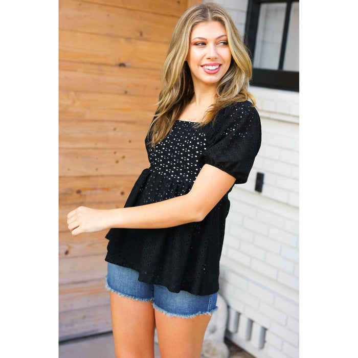 Midnight Eyelet Puff Sleeve Babydoll Top