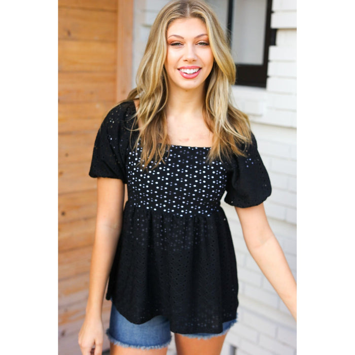 Midnight Eyelet Puff Sleeve Babydoll Top