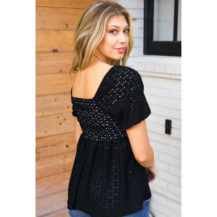 Midnight Eyelet Puff Sleeve Babydoll Top