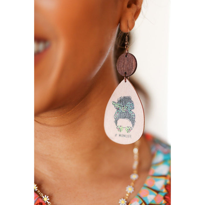 Green Cheetah "#MOMLIFE" Wooden Dangle Earrings