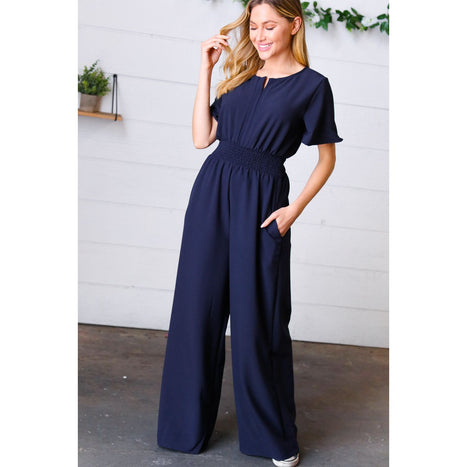 Dark Blue Smocked Waist Notch Neck Crepe Jumpsuit