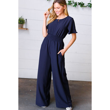 Dark Blue Smocked Waist Notch Neck Crepe Jumpsuit