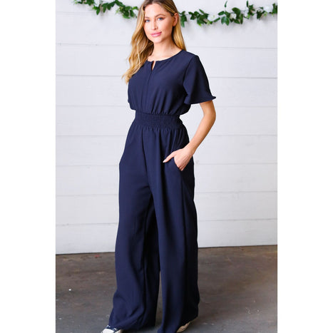 Dark Blue Smocked Waist Notch Neck Crepe Jumpsuit