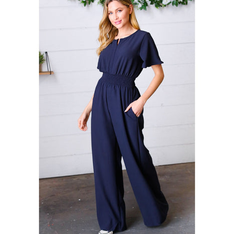 Dark Blue Smocked Waist Notch Neck Crepe Jumpsuit