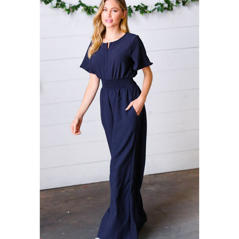 Dark Blue Smocked Waist Notch Neck Crepe Jumpsuit