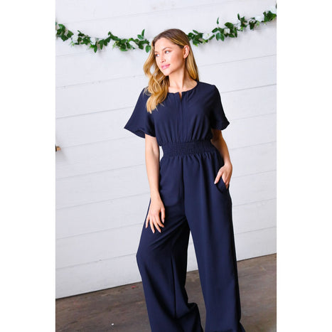 Dark Blue Smocked Waist Notch Neck Crepe Jumpsuit