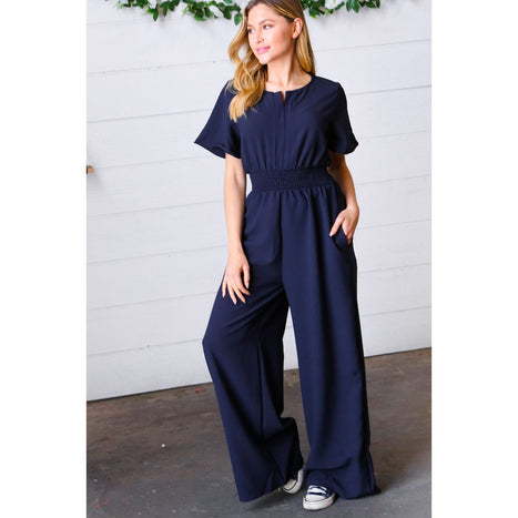 Dark Blue Smocked Waist Notch Neck Crepe Jumpsuit