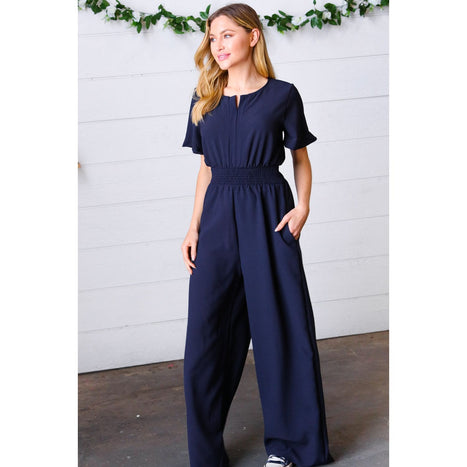 Dark Blue Smocked Waist Notch Neck Crepe Jumpsuit