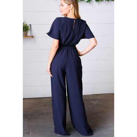 Dark Blue Smocked Waist Notch Neck Crepe Jumpsuit