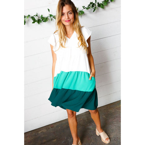 Seafoam & Emerald Tiered Frill Sleeve Midi Dress