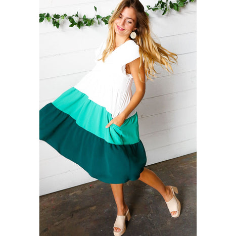 Seafoam & Emerald Tiered Frill Sleeve Midi Dress