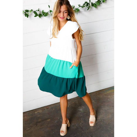 Seafoam & Emerald Tiered Frill Sleeve Midi Dress