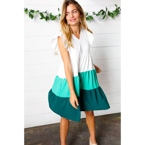 Seafoam & Emerald Tiered Frill Sleeve Midi Dress