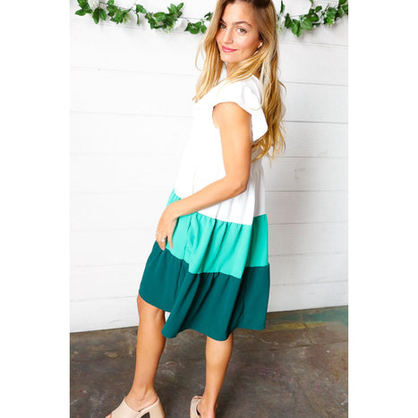 Seafoam & Emerald Tiered Frill Sleeve Midi Dress