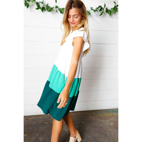 Seafoam & Emerald Tiered Frill Sleeve Midi Dress