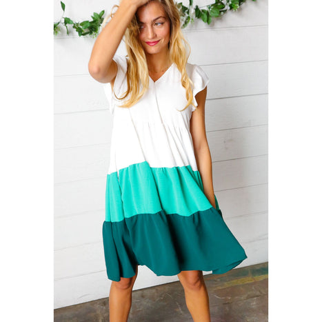 Seafoam & Emerald Tiered Frill Sleeve Midi Dress