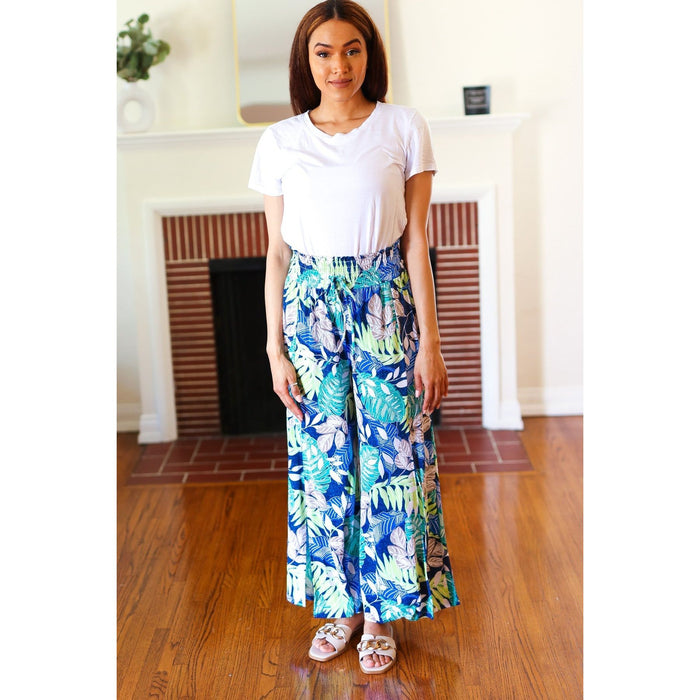 Tropical Boho Smocked Waist Side Slit Palazzo Pants