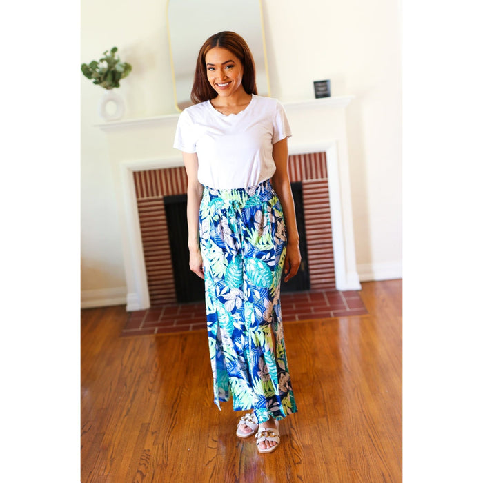 Tropical Boho Smocked Waist Side Slit Palazzo Pants