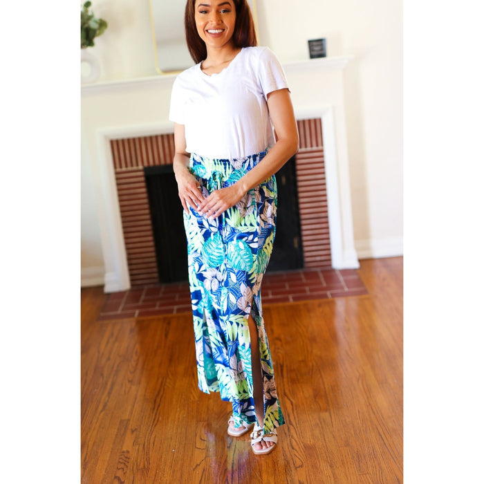 Tropical Boho Smocked Waist Side Slit Palazzo Pants