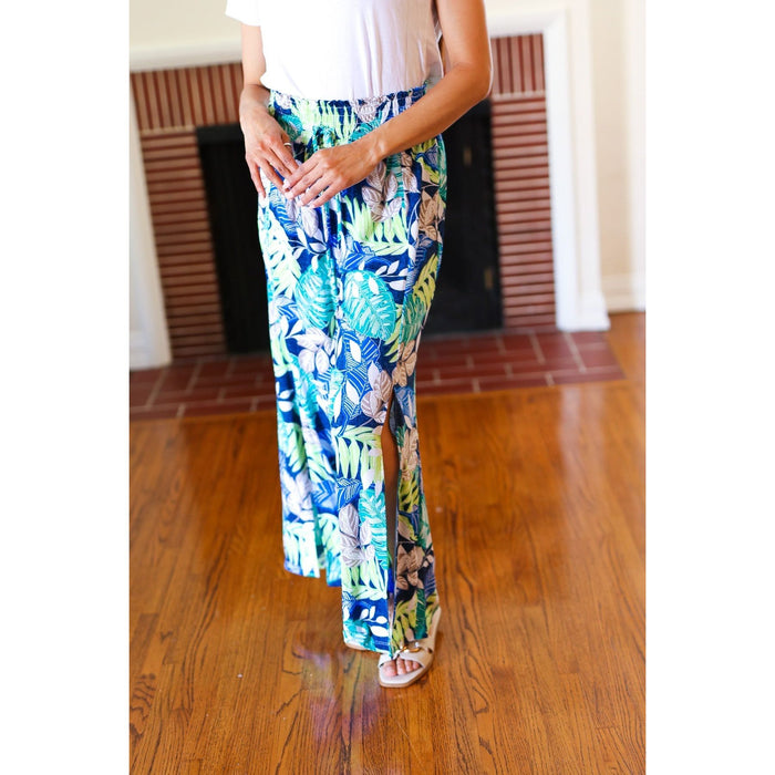 Tropical Boho Smocked Waist Side Slit Palazzo Pants