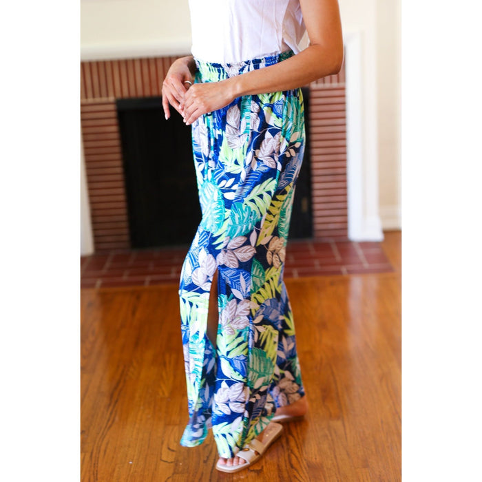 Tropical Boho Smocked Waist Side Slit Palazzo Pants