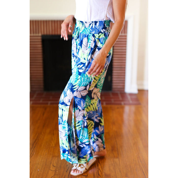 Tropical Boho Smocked Waist Side Slit Palazzo Pants