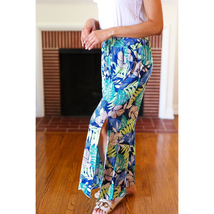 Tropical Boho Smocked Waist Side Slit Palazzo Pants