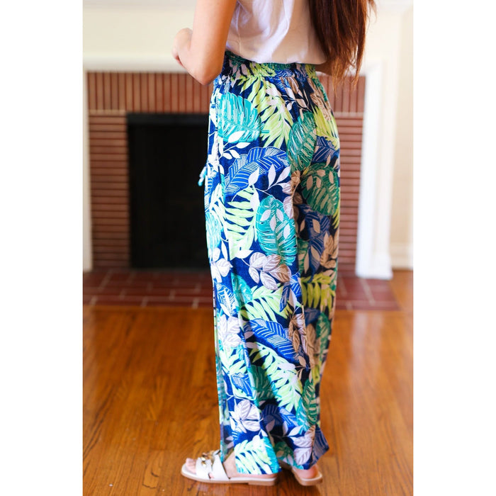 Tropical Boho Smocked Waist Side Slit Palazzo Pants