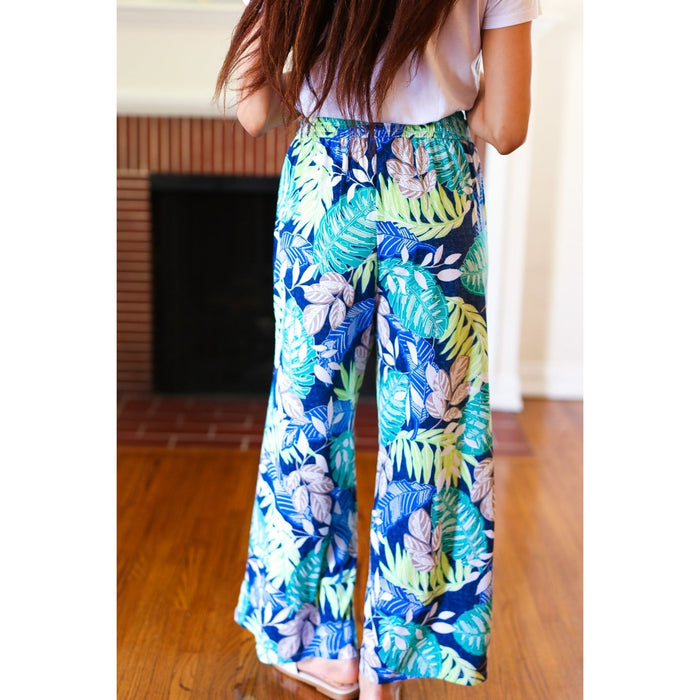 Tropical Boho Smocked Waist Side Slit Palazzo Pants