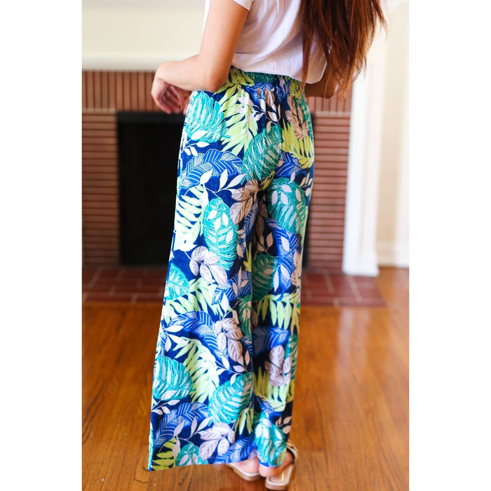 Tropical Boho Smocked Waist Side Slit Palazzo Pants