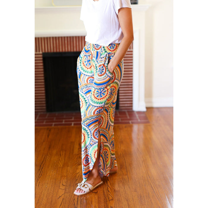 Multicolor Mandala Smocked Waist Side Slit Palazzo Pants