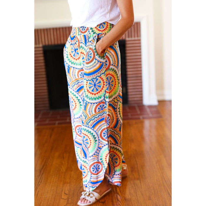 Multicolor Mandala Smocked Waist Side Slit Palazzo Pants