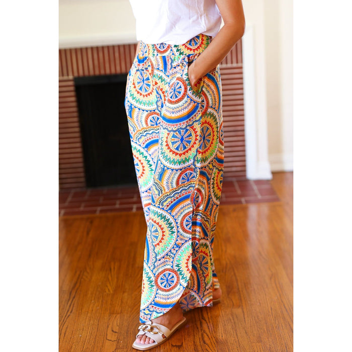 Multicolor Mandala Smocked Waist Side Slit Palazzo Pants